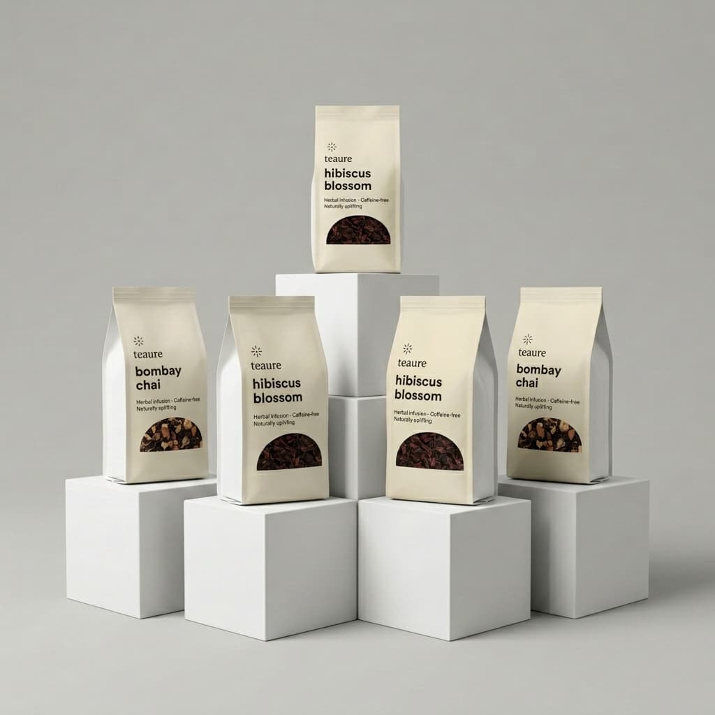Teaure product card UI floating above a soft neutral backdrop